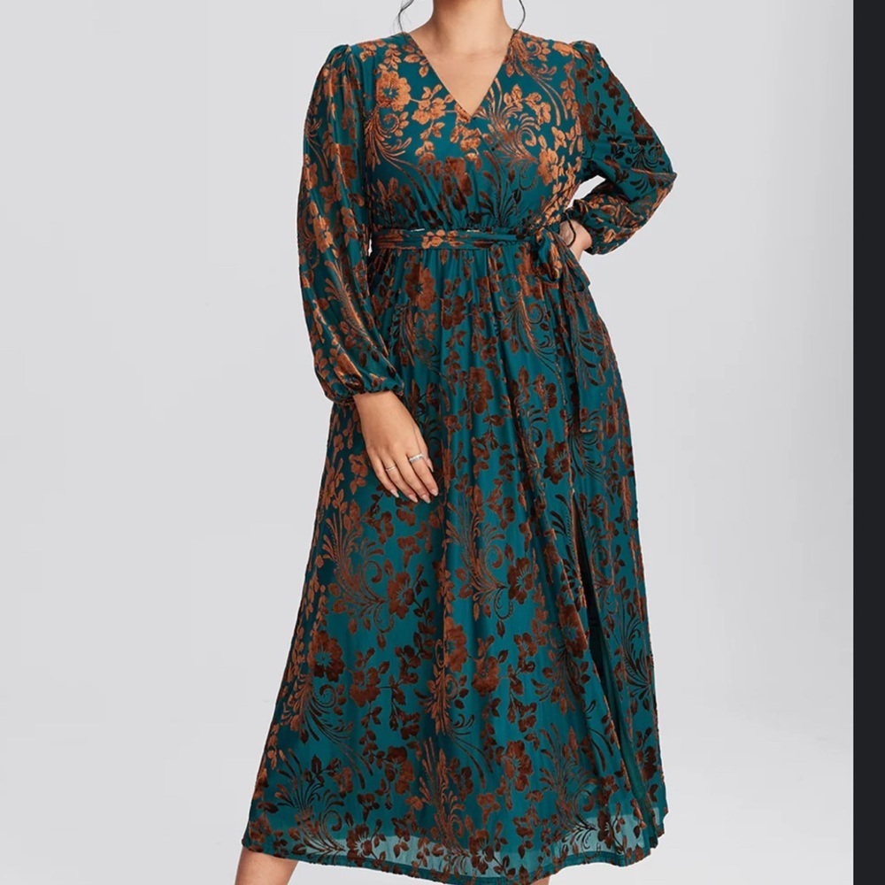 Velvet Wrap Maxi Dress Plus Size 2X NWT Teal Brown Floral Long Sleeve Dress - Picture 2 of 6